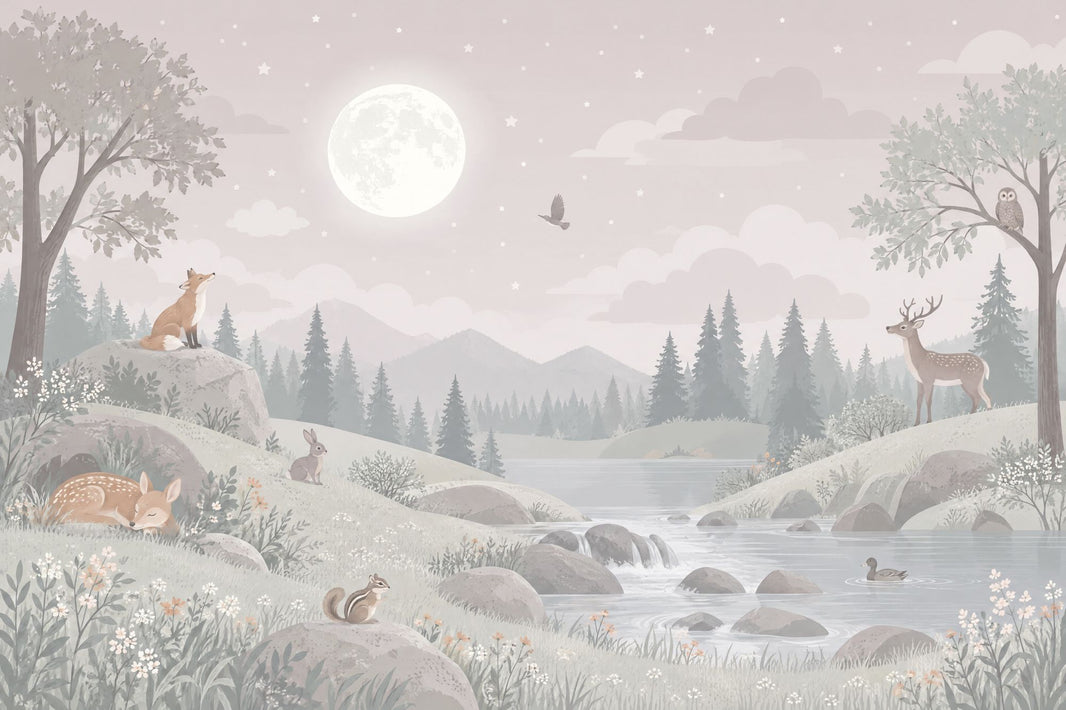 Moonlit Woodland Animals Wallpaper Soft Pastel Nursery Wall Mural pattern artwork