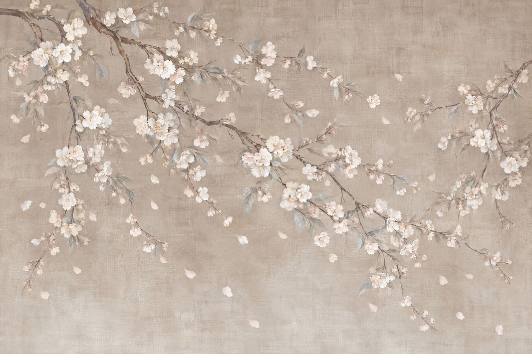 Cherry Blossom Branches Wallpaper Beige Watercolor Wall Mural pattern artwork