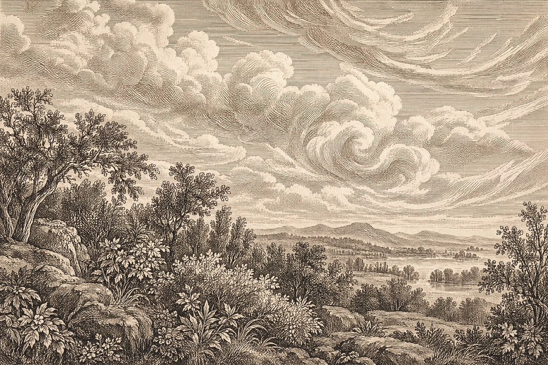 Sepia Pastoral Landscape Wallpaper Vintage Engraving Wall Mural pattern artwork