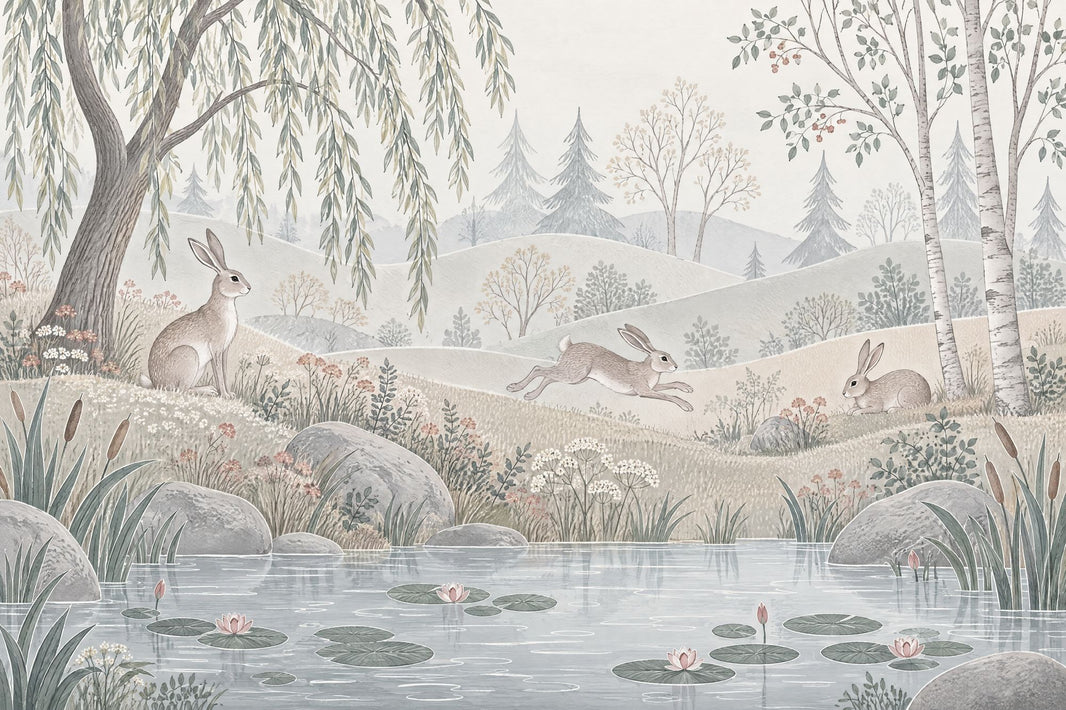 Watercolor Rabbits Pond Wallpaper Woodland Landscape Wall Mural pattern artwork