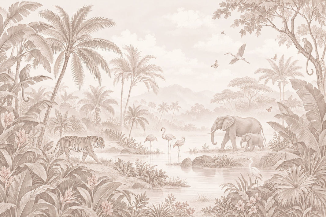 Safari Animals Wallpaper Beige Tropical Jungle Wall Mural pattern artwork
