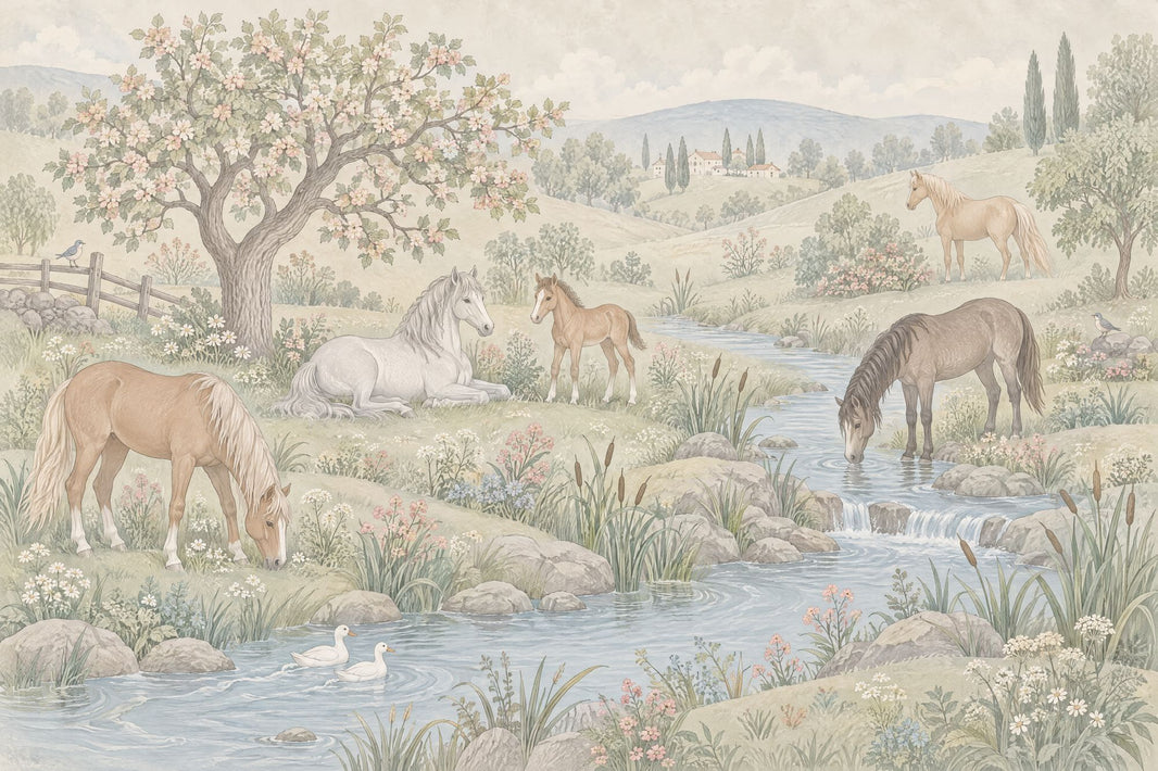 Horses By A Country Stream Wallpaper Pastoral Landscape Wall Mural pattern artwork