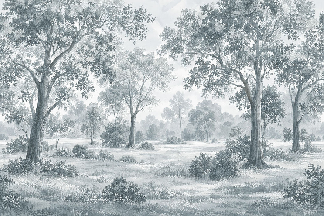 Misty Woodland Trees Wallpaper Monochrome Toile Wall Mural pattern artwork