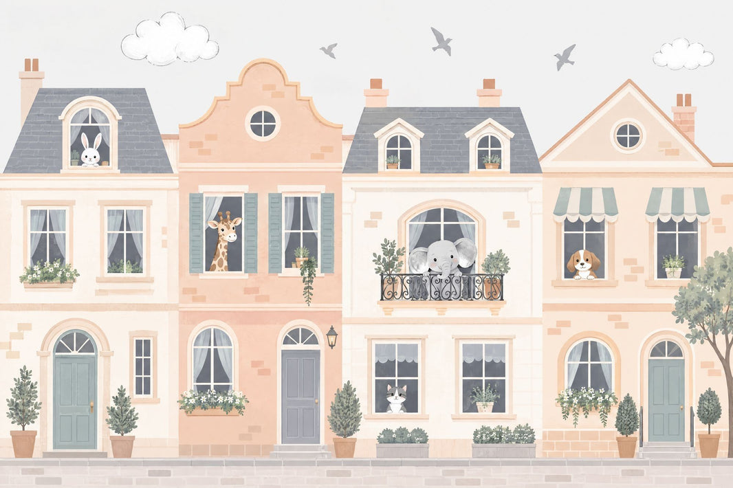 Pastel Townhouse Animals Wallpaper Storybook Street Wall Mural pattern artwork