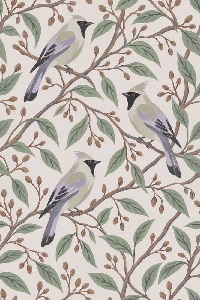 Perched Birds Wallpaper Sage Branches On Ivory Background pattern artwork