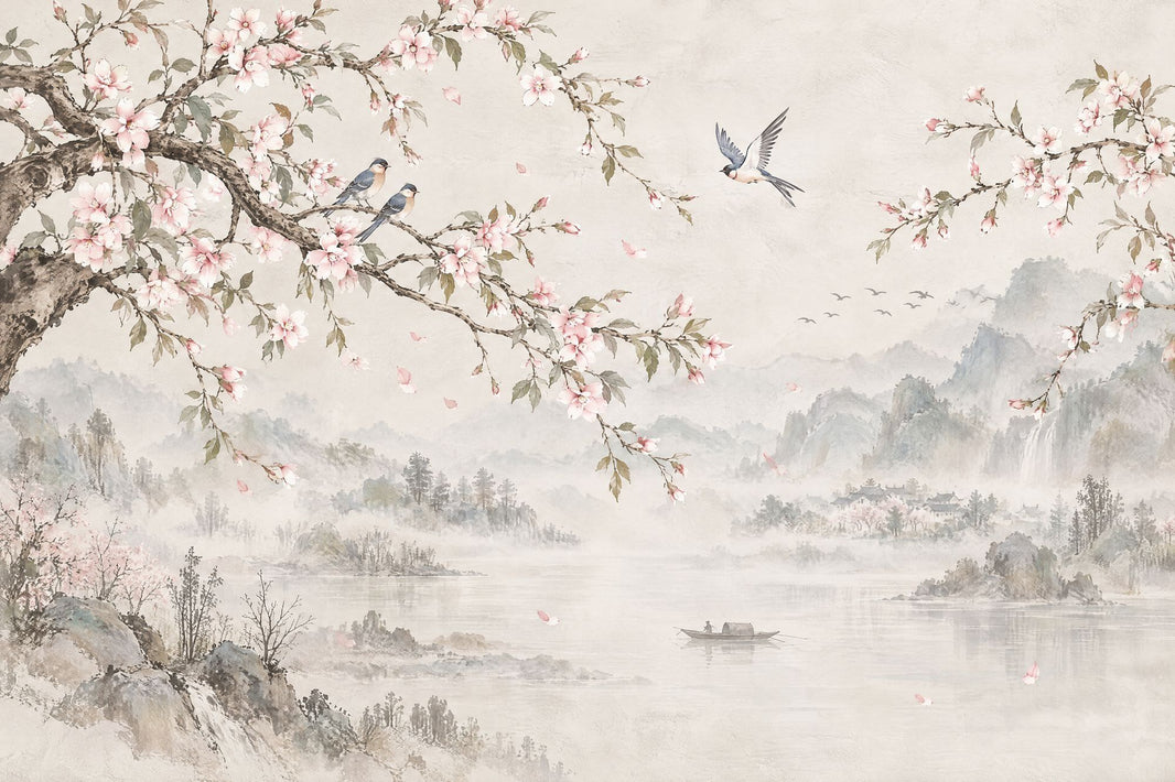 Cherry Blossom Branches Wallpaper Chinoiserie Landscape Wall Mural pattern artwork