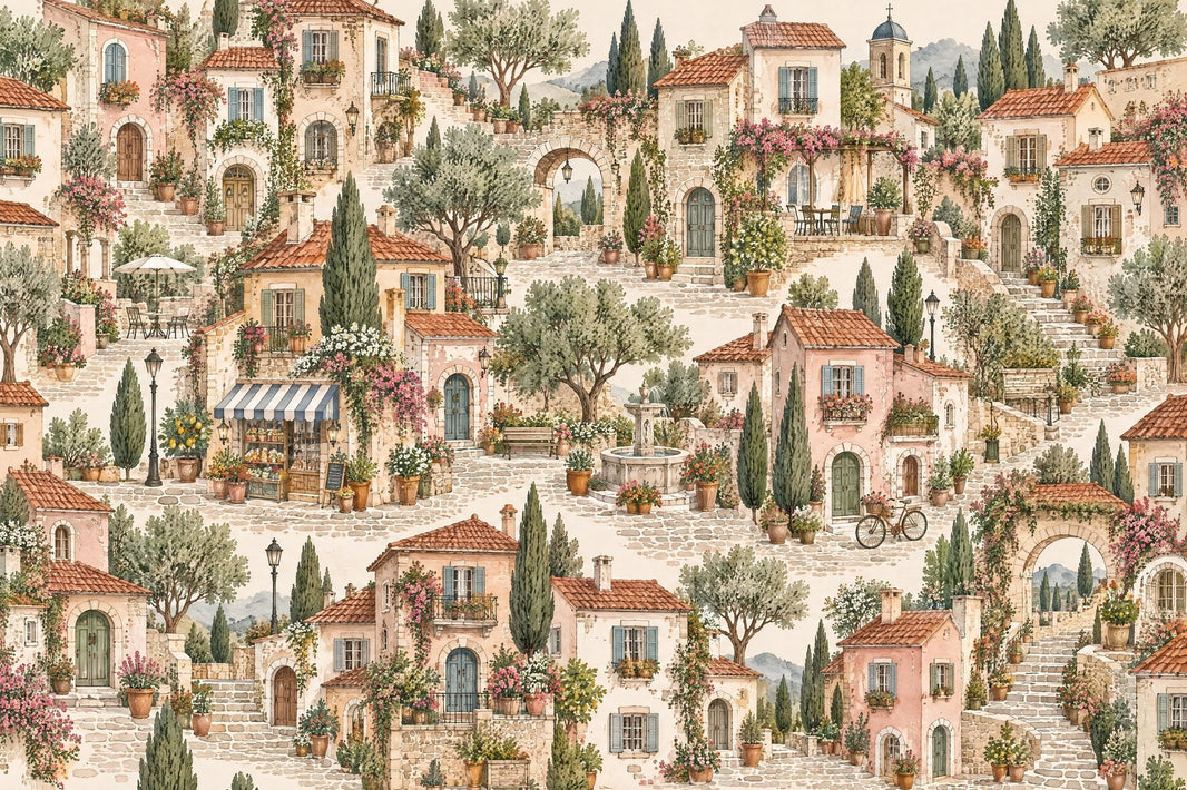Mediterranean Stone Village Wallpaper Watercolor Street Scene Wall Mural pattern artwork