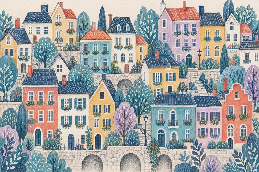 Watercolor European Street Wallpaper Pastel Village Wall Mural pattern artwork