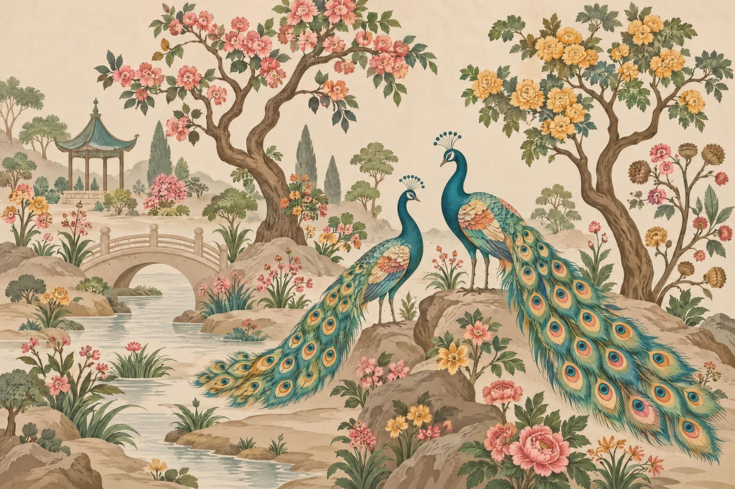 Peacocks In Chinoiserie Garden Wallpaper Pagoda Landscape Wall Mural pattern artwork