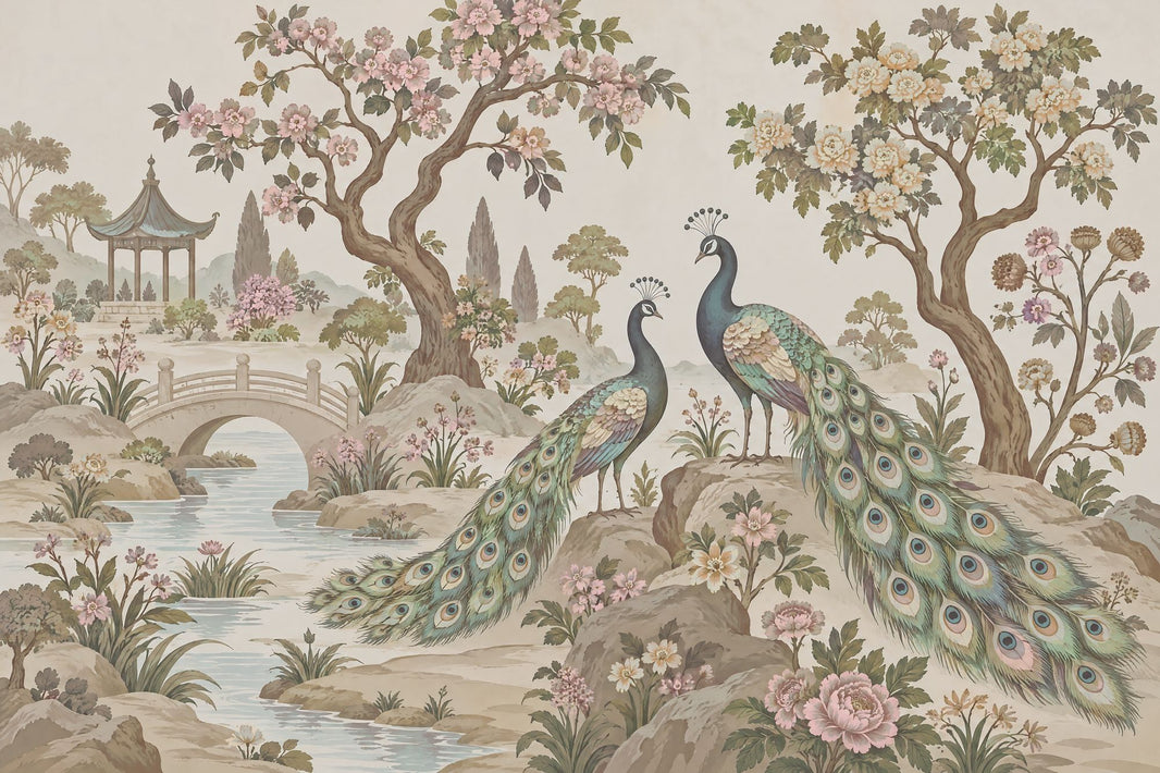 Peacocks In Chinoiserie Garden Wallpaper Pastel Landscape Wall Mural pattern artwork