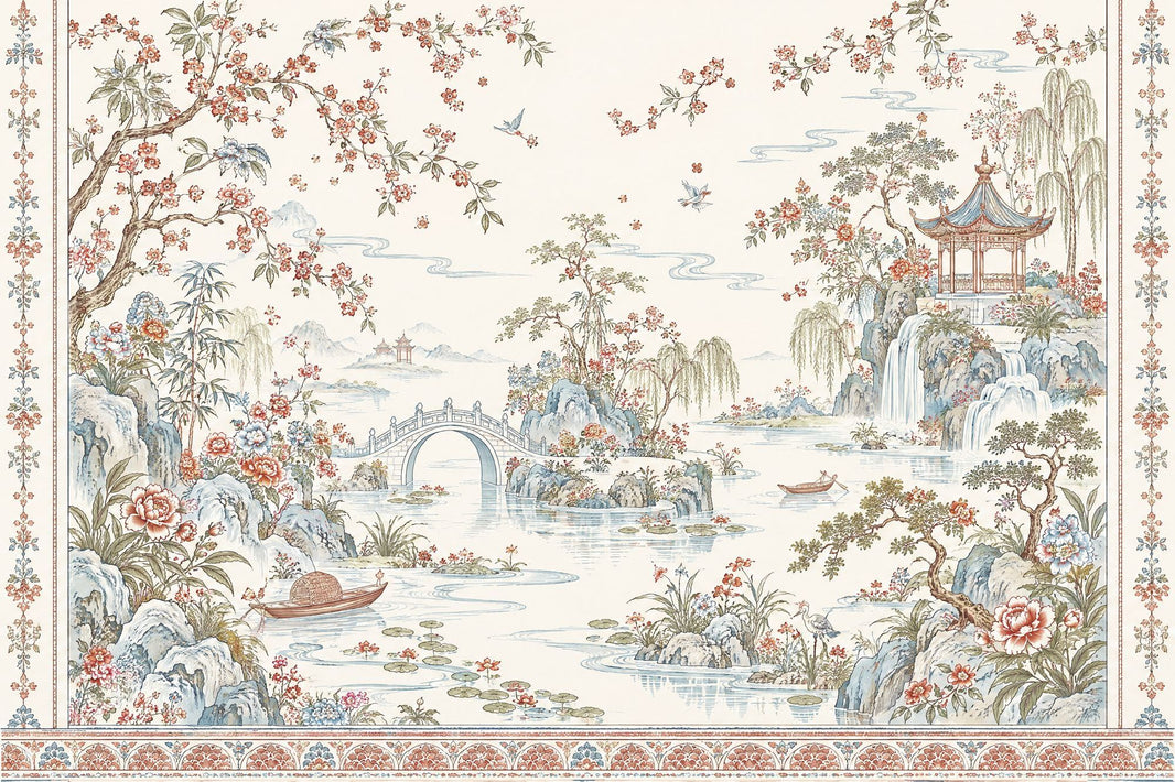 Chinoiserie Pagoda Garden Wallpaper Ivory Scenic Wall Mural pattern artwork