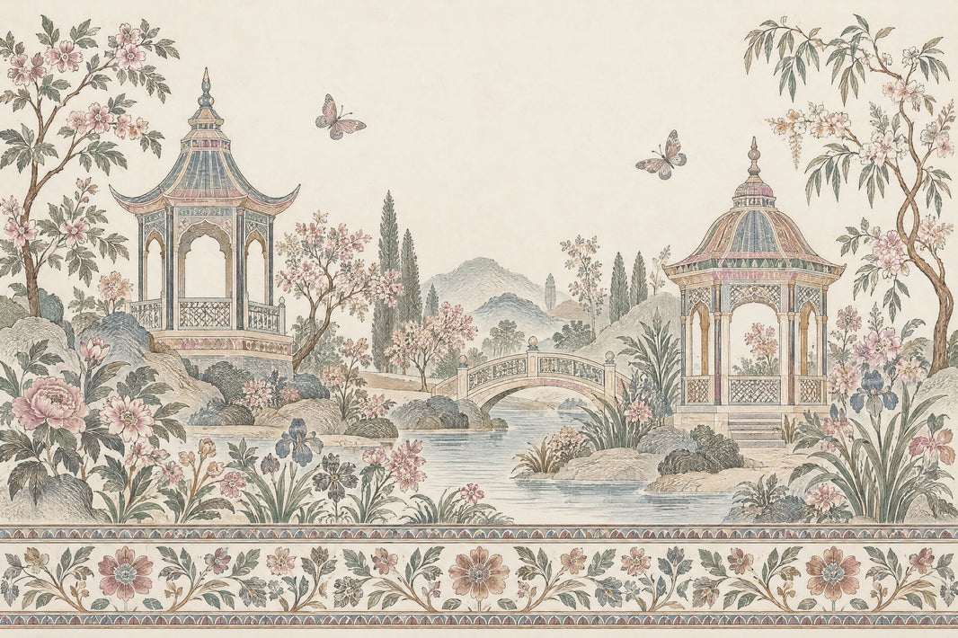Chinoiserie Pagoda Garden Wallpaper Vintage Landscape Wall Mural pattern artwork