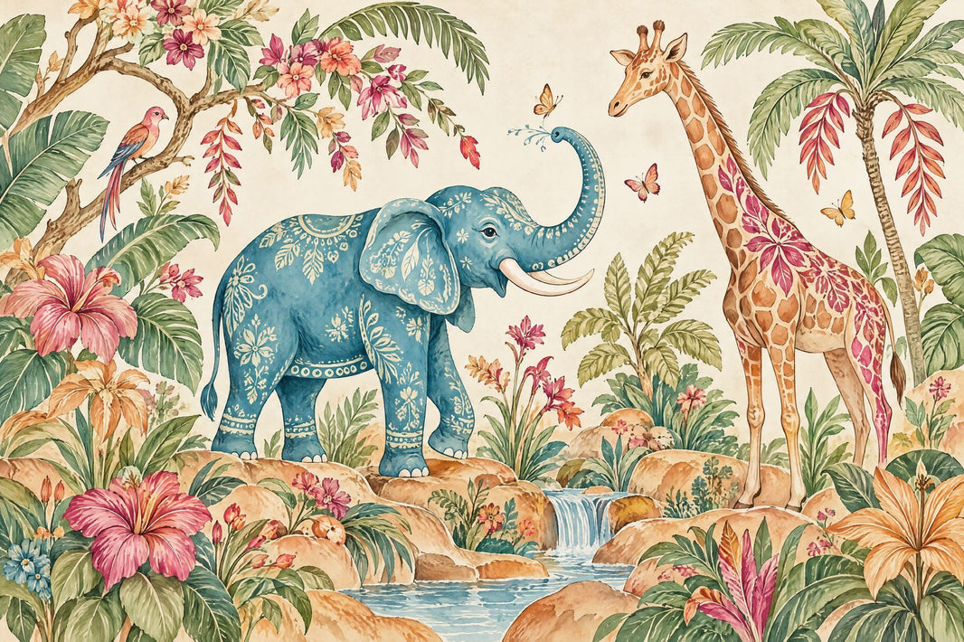 Watercolor Elephant And Giraffe Wallpaper Tropical Safari Wall Mural pattern artwork