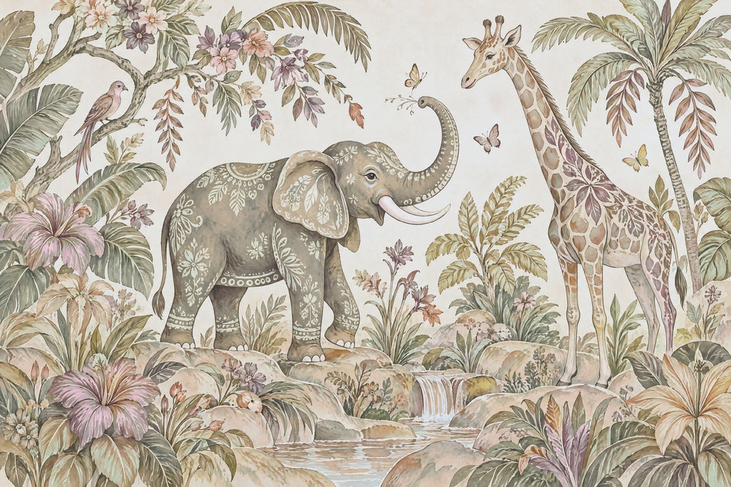 Elephant And Giraffe Safari Wallpaper Vintage Tropical Wall Mural pattern artwork