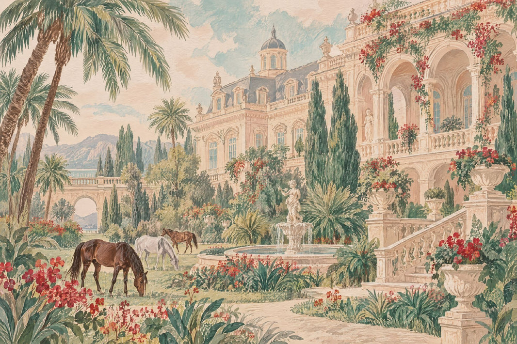 Mediterranean Palace Garden Wallpaper Vintage Watercolor Wall Mural pattern artwork
