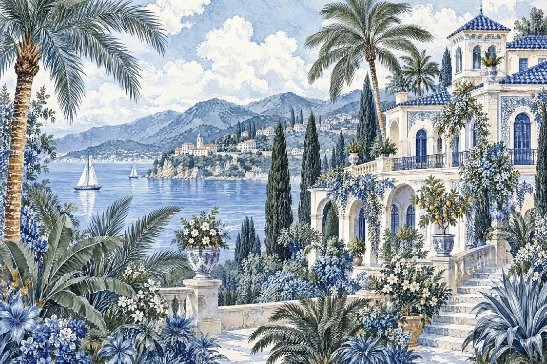 Mediterranean Villa Seascape Wallpaper Watercolor Coastal Wall Mural pattern artwork
