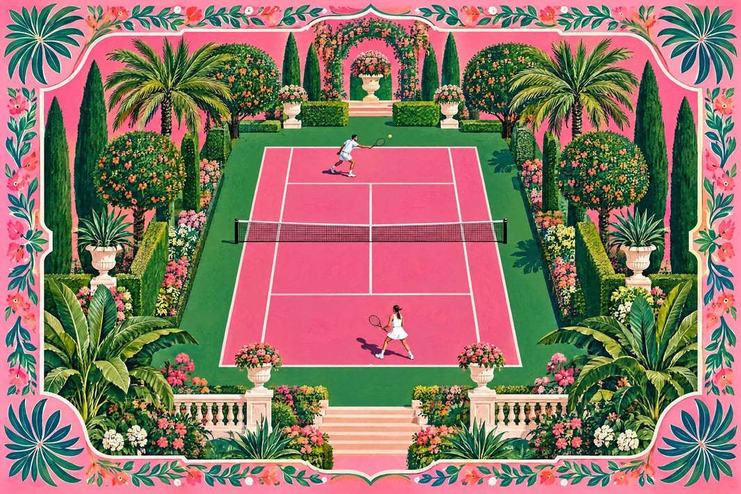 Pink Tennis Court Wallpaper Tropical Garden Wall Mural pattern artwork