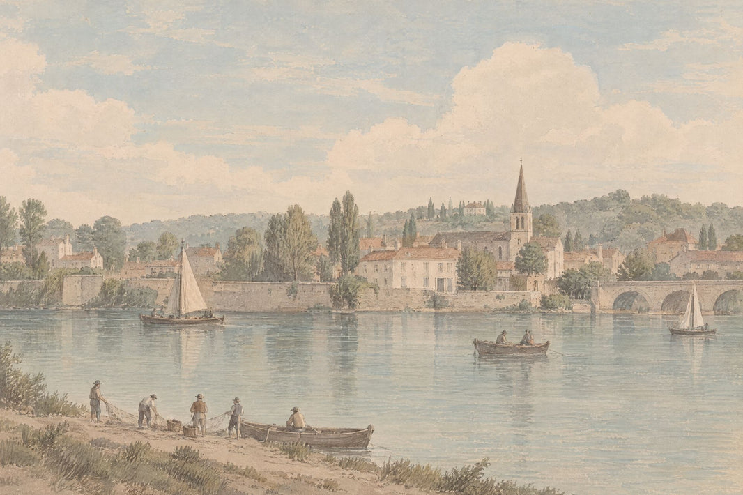 Riverside Village Wallpaper Vintage Watercolor Wall Mural pattern artwork