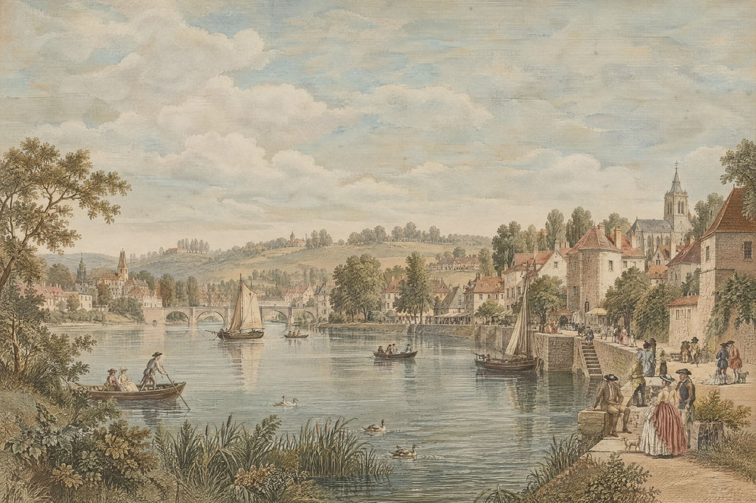 European Riverside Town Wallpaper Vintage Landscape Wall Mural pattern artwork