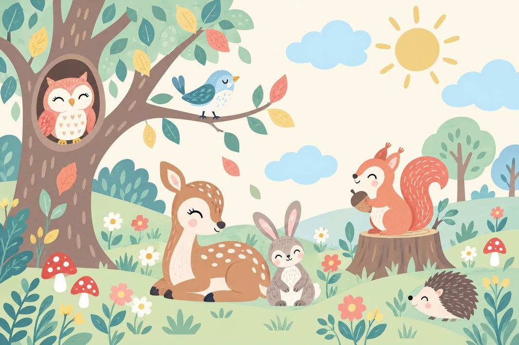 Woodland Tree Animals Wallpaper Whimsical Forest Wall Mural pattern artwork