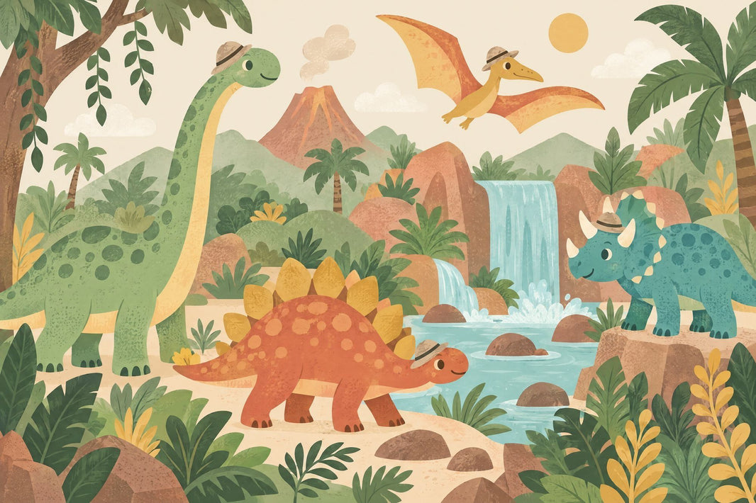 Cute Jungle Dinosaurs Wallpaper Tropical Adventure Wall Mural pattern artwork