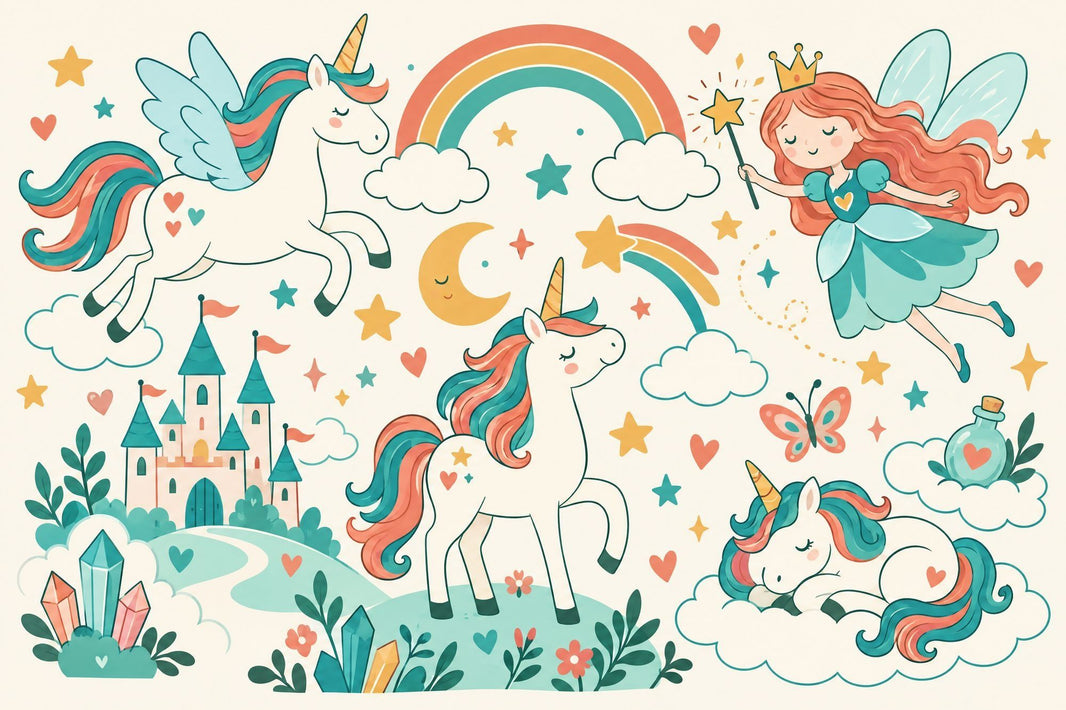 Unicorn Fairy Castle Wallpaper Whimsical Fantasy Wall Mural pattern artwork