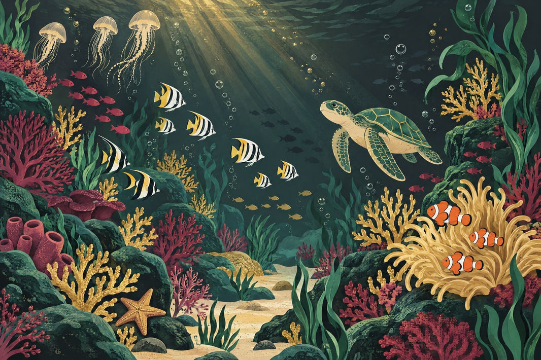 Sea Turtle And Tropical Fish Wallpaper Coral Reef Wall Mural pattern artwork