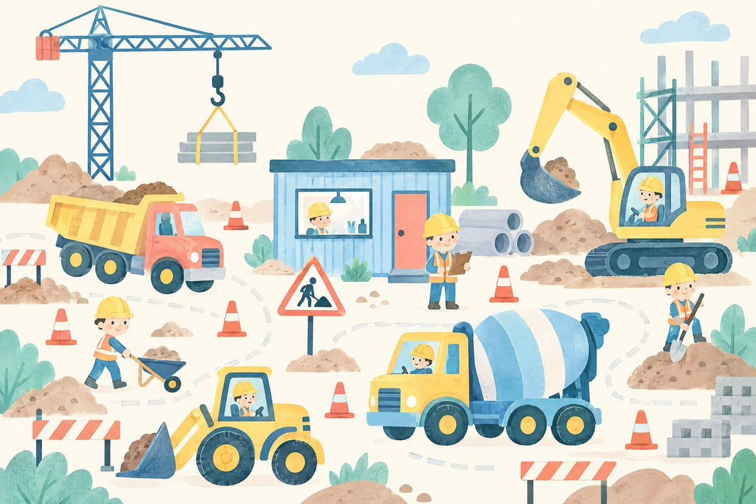 Kids Construction Site Wallpaper Watercolor Trucks And Crane Wall Mural pattern artwork
