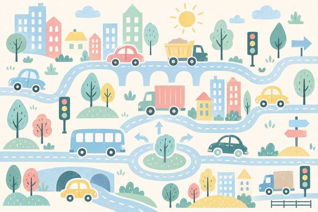 Pastel City Map Roads Wallpaper Kids Traffic Wall Mural pattern artwork