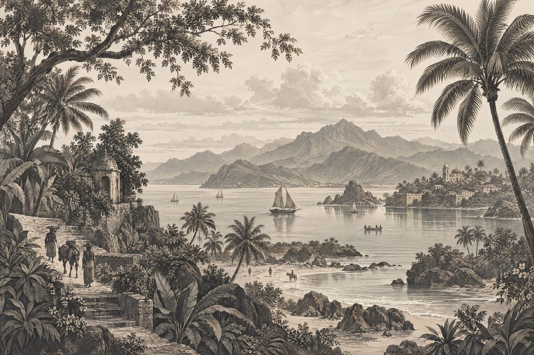 Sepia Tropical Coastline Wallpaper Vintage Panorama Wall Mural pattern artwork