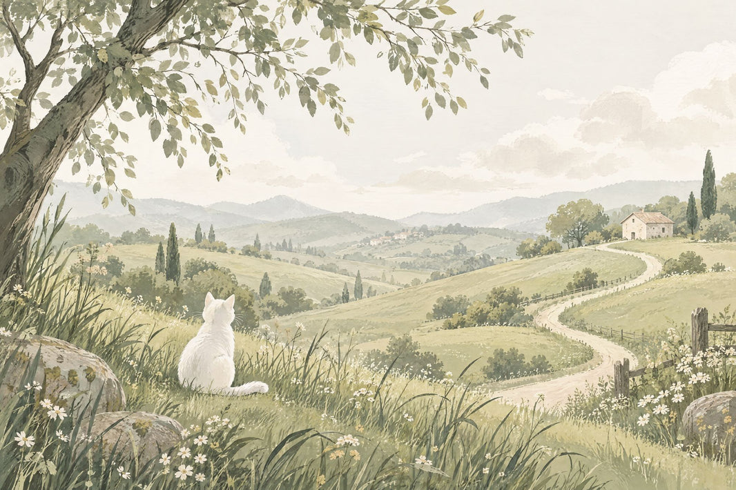 White Cat Meadow Landscape Wallpaper Muted Green Hills Wall Mural pattern artwork