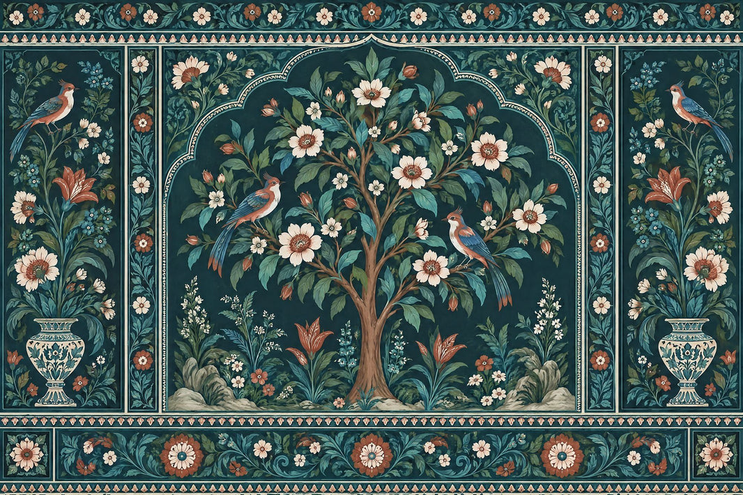 Flowering Tree With Birds Wallpaper Dark Teal Chinoiserie Wall Mural pattern artwork