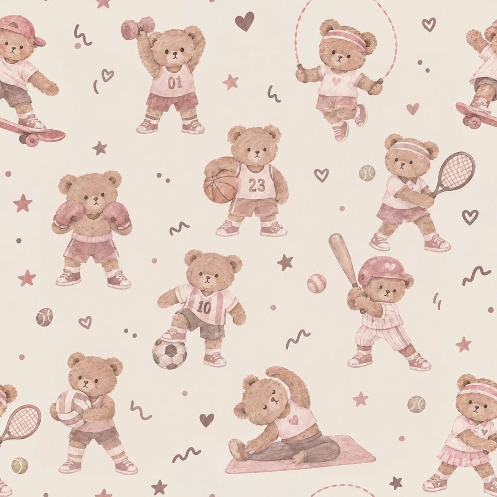 Sporty Teddy Bears Wallpaper Watercolor Pastel Pink pattern artwork