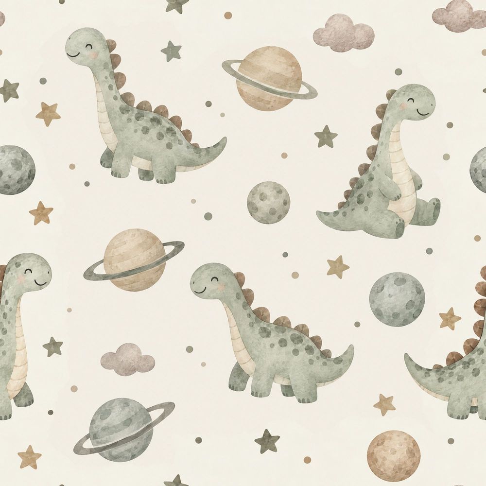 Cute Dinosaurs And Planets Wallpaper Pastel Cream Watercolor pattern artwork