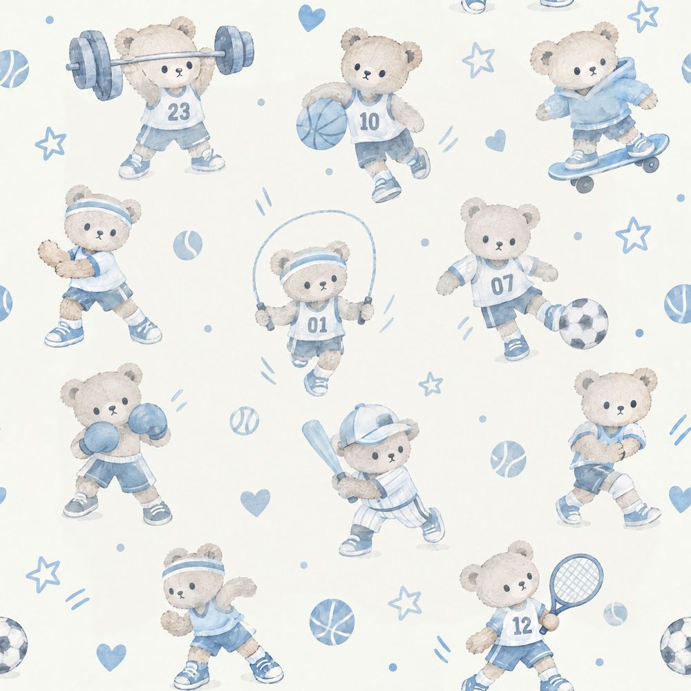 Sports Teddy Bears Wallpaper Pastel Blue Watercolor pattern artwork