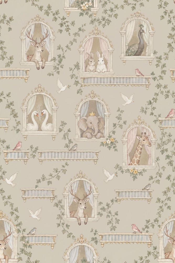 Whimsical Animals Ornate Windows Wallpaper Pastel Light Beige pattern artwork