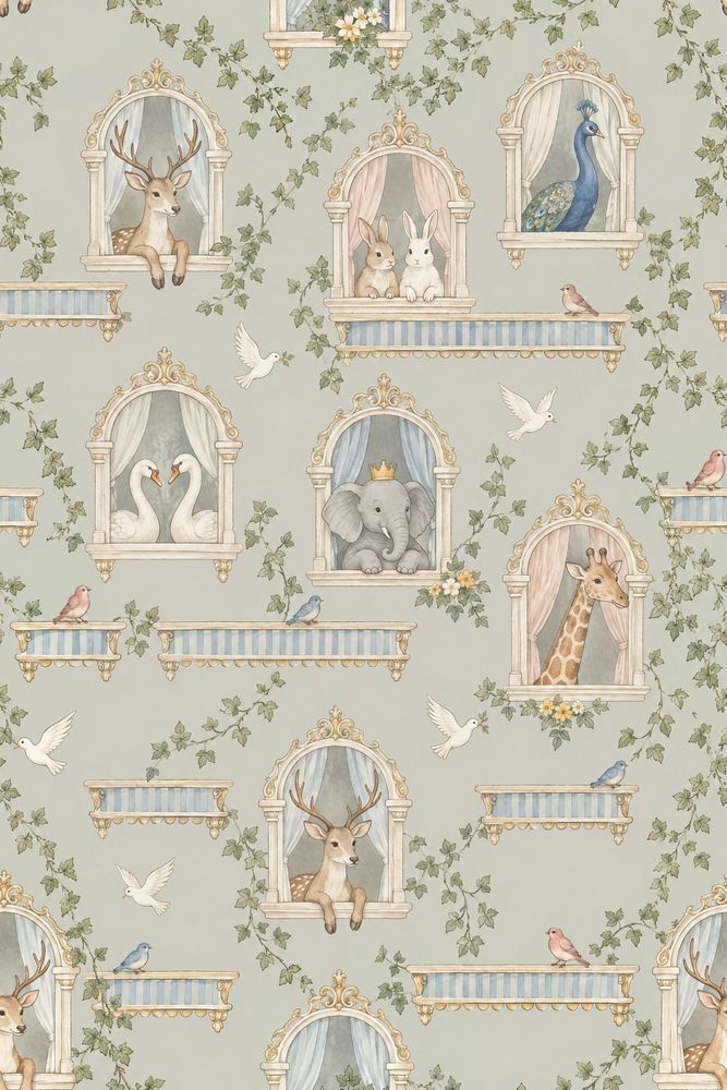 Fairy Tale Palace Animals Wallpaper Muted Green Watercolor pattern artwork