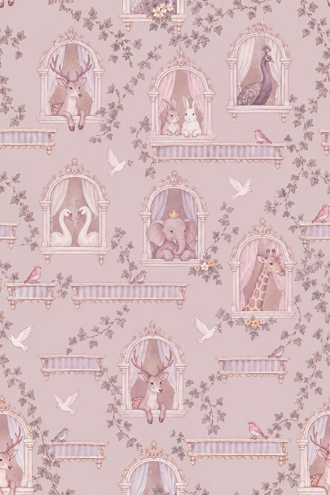 Ornate Window Storybook Animals Wallpaper Pastel Pink pattern artwork