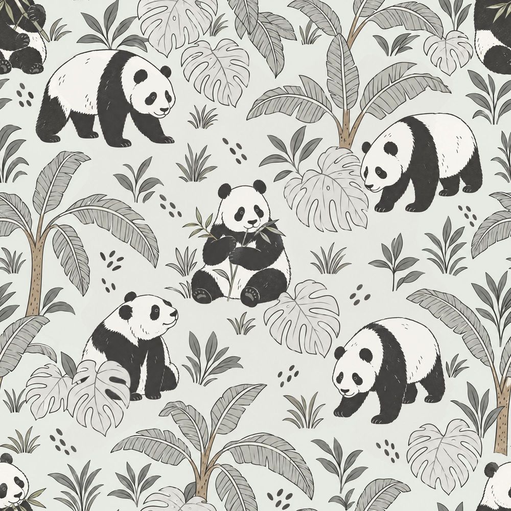 Panda Wallpaper Tropical Jungle Leaves In Soft Green pattern artwork