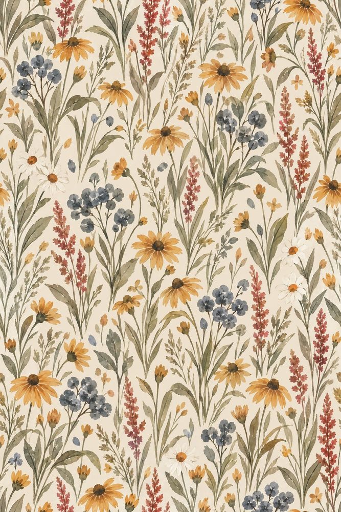 Watercolor Wildflowers Wallpaper Cream Background Botanical Meadow pattern artwork