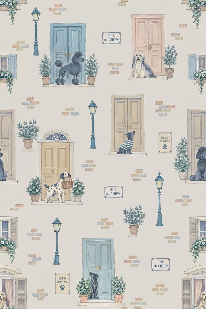 Dogs And Parisian Doors Wallpaper Pastel Watercolor Street Scene pattern artwork