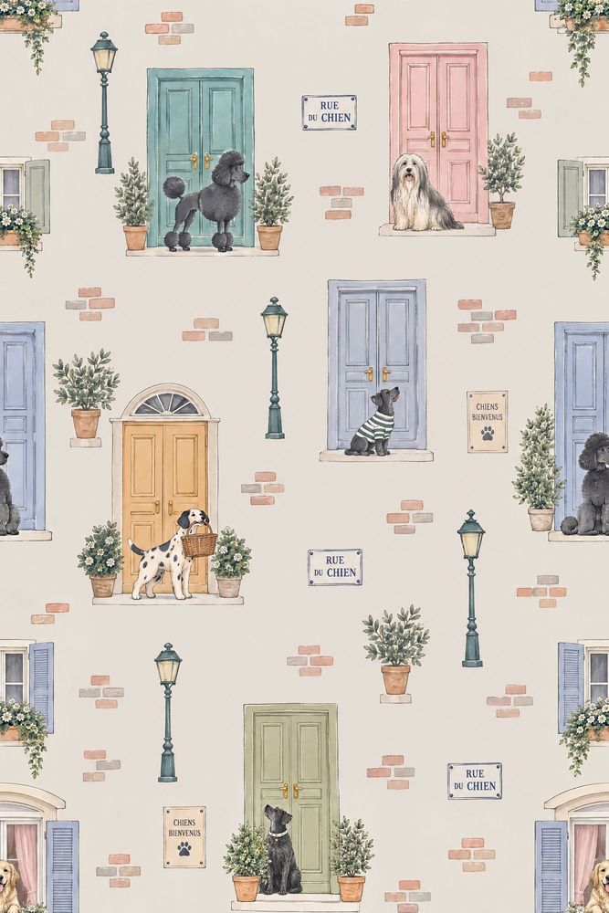 French Street Dogs Wallpaper Pastel Door Watercolor pattern artwork