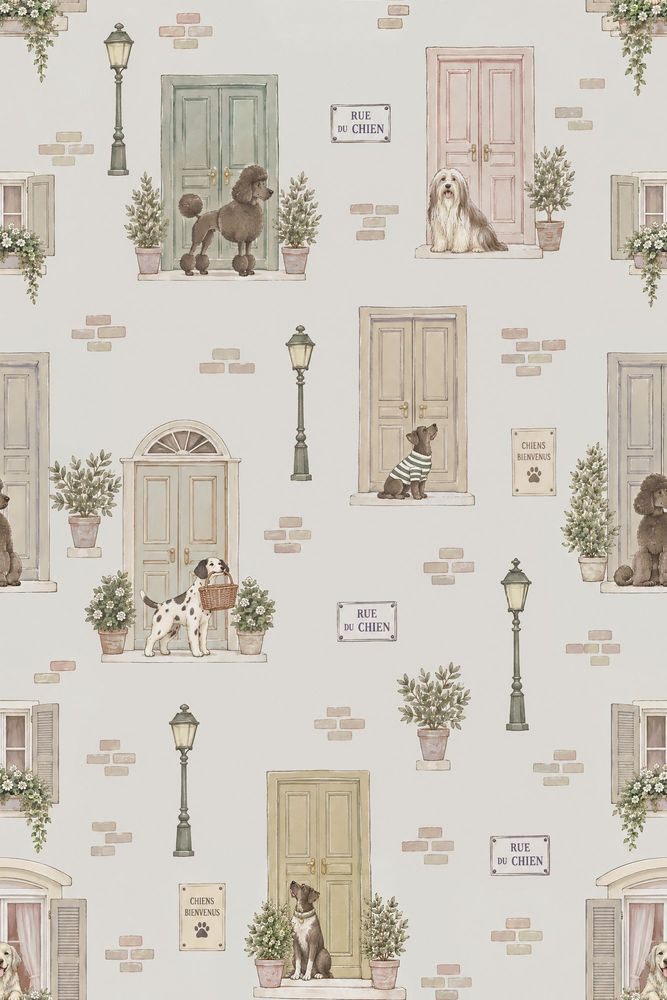 Dogs On A French Street Wallpaper Pastel Door Illustration pattern artwork