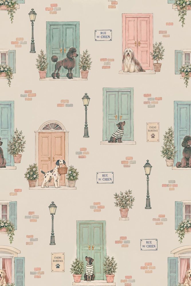 Dogs On A French Street Wallpaper Pastel Door Watercolor pattern artwork