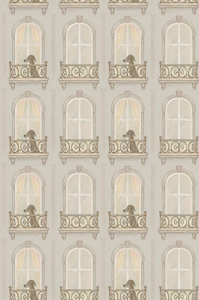 Arched Windows And Dogs Wallpaper Watercolor Beige pattern artwork