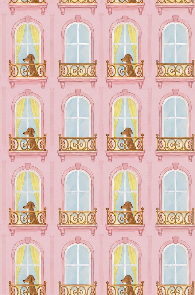 Dogs On Pink Parisian Balcony Wallpaper Pastel Watercolor pattern artwork