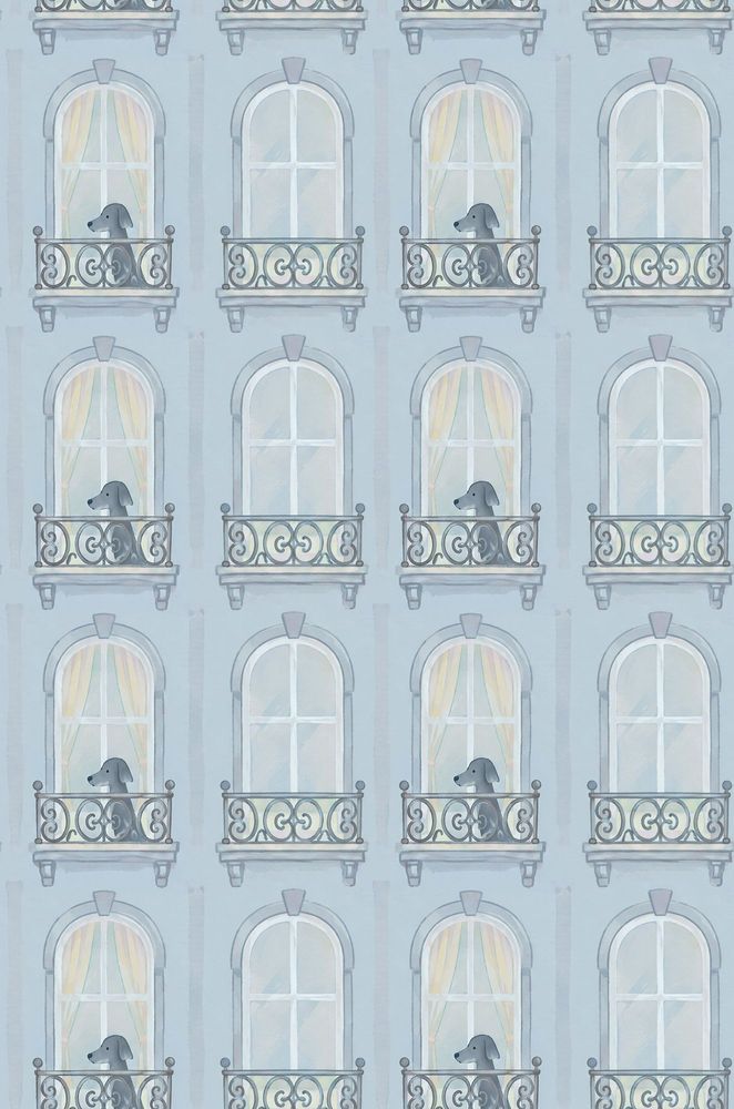 Gray Dogs On Parisian Balconies Wallpaper Powder Blue Watercolor pattern artwork