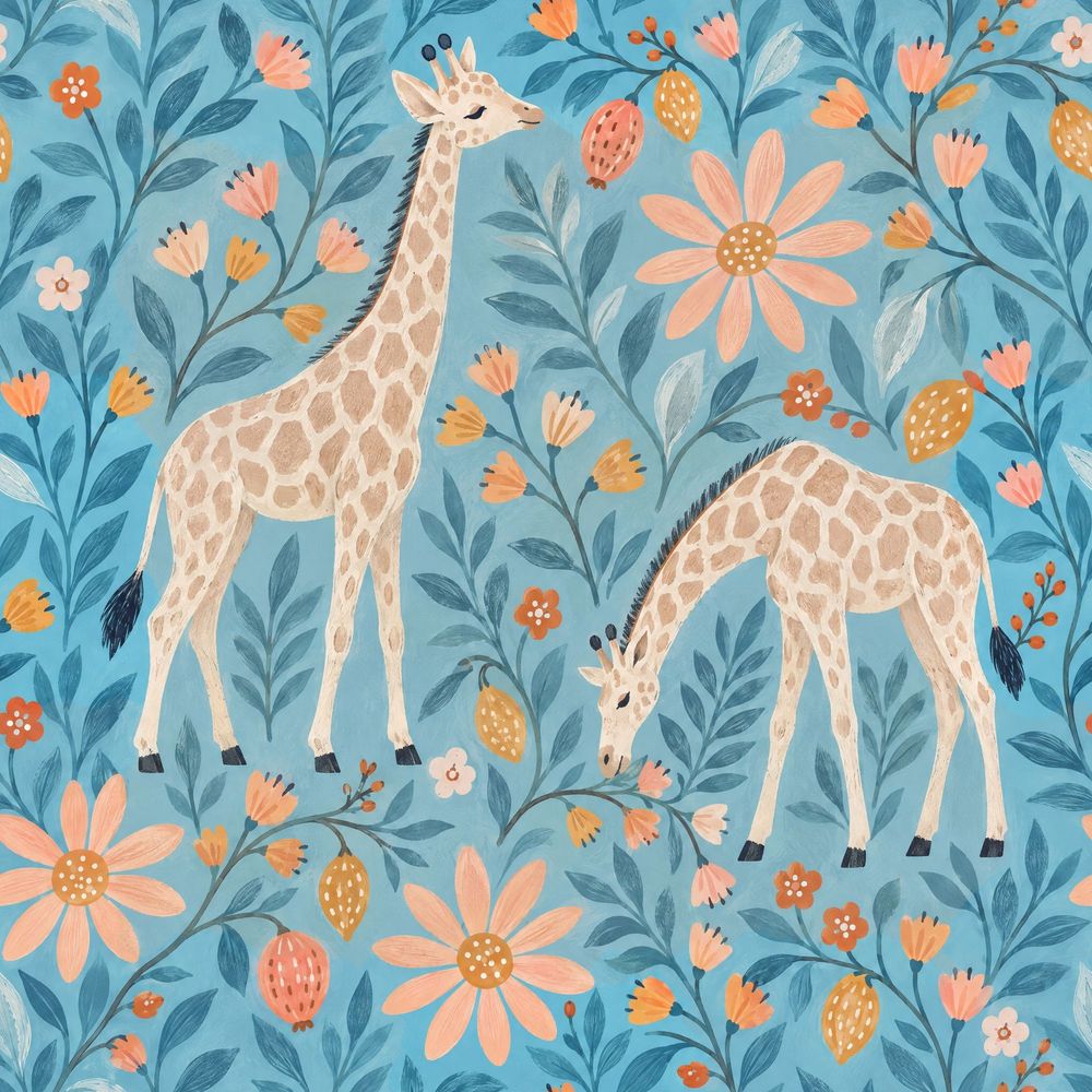 Whimsical Giraffe Floral Wallpaper Blue Background pattern artwork