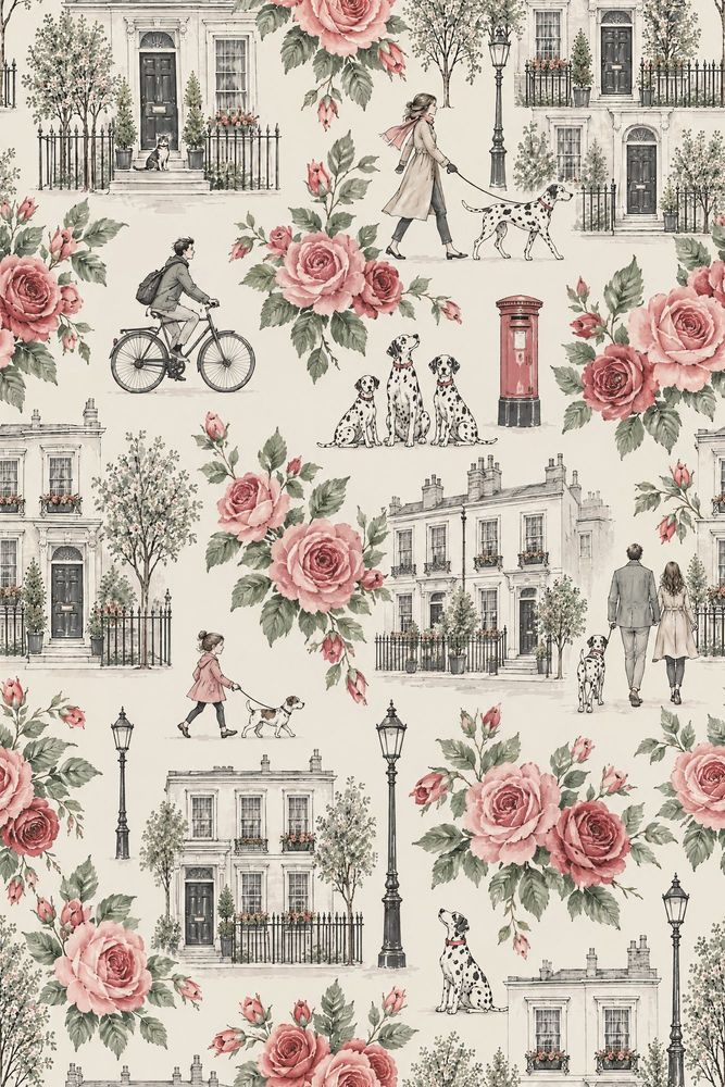Pink Roses Townhouse Wallpaper Toile Street Scene Cream pattern artwork
