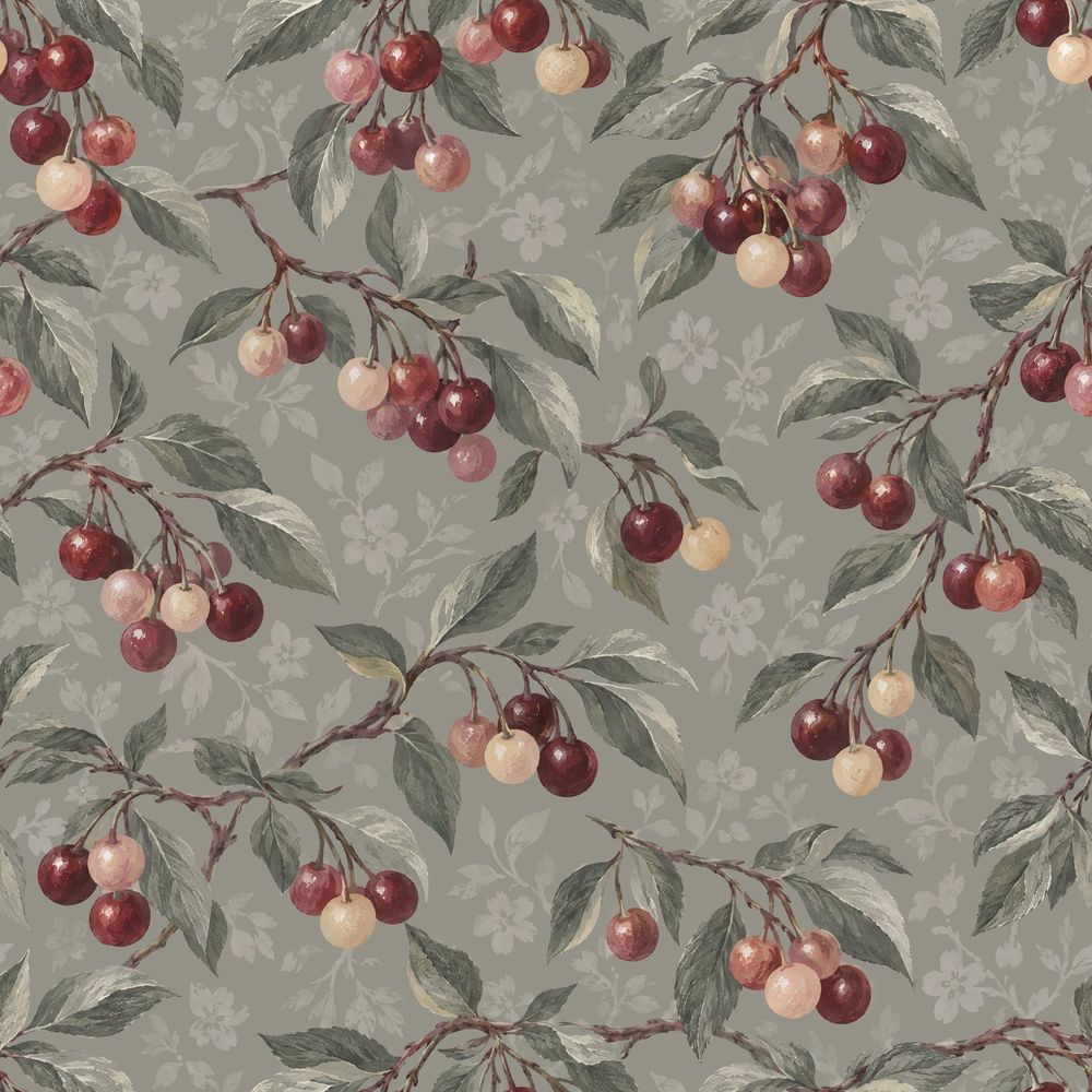 Cherry Branches Wallpaper Vintage Botanical Sage Gray pattern artwork